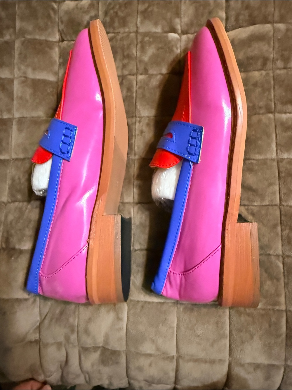 Colorblock Pink and Red Women's Loafers with Blue Accent - Picture 3 of 4
